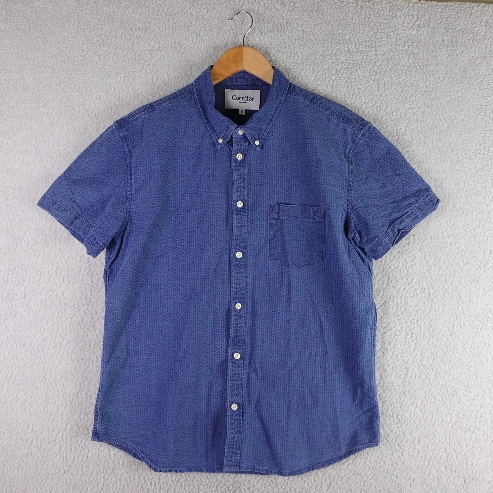 Corridor New York Mens XL Blue Textured Cotton Short‎ Sleeve Button Down Shirt